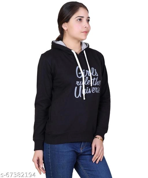 Cotton Blend Printed Hoodie for Women (Black, M)