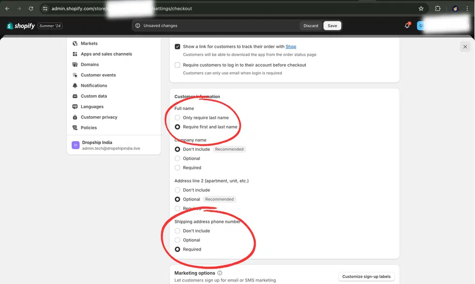 Step 3: Scroll down to 'Customer Info' settings. Under 'Full name', select 'Require first and last name' and under 'Shipping address phone number' set the field as 'Required'.