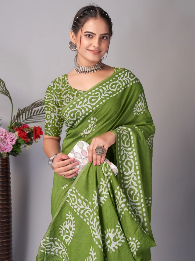 Chanderi Cotton Printed Sarees for Women (Green, 6.3 m)