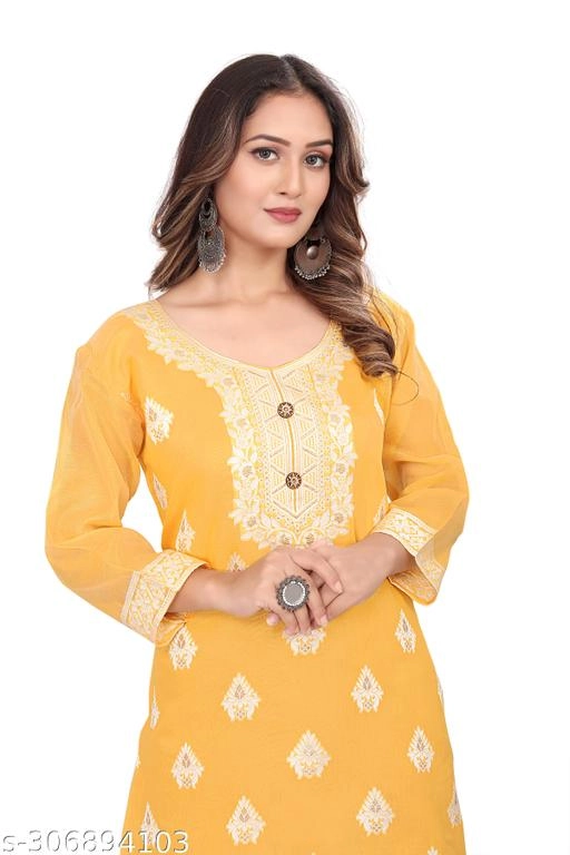 Cotton Embroidered Kurti for Women (Yellow, L)