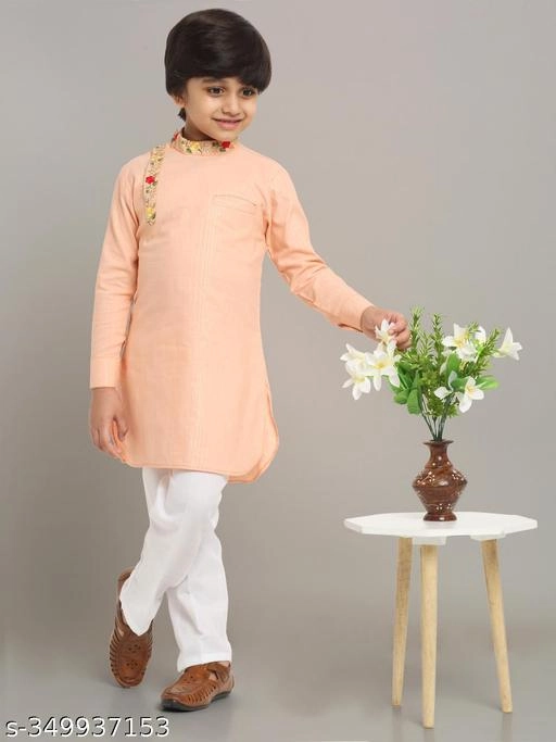 Cotton Blend Kurta with Pyjama for Boys (Orange & White, 9-12 Months)