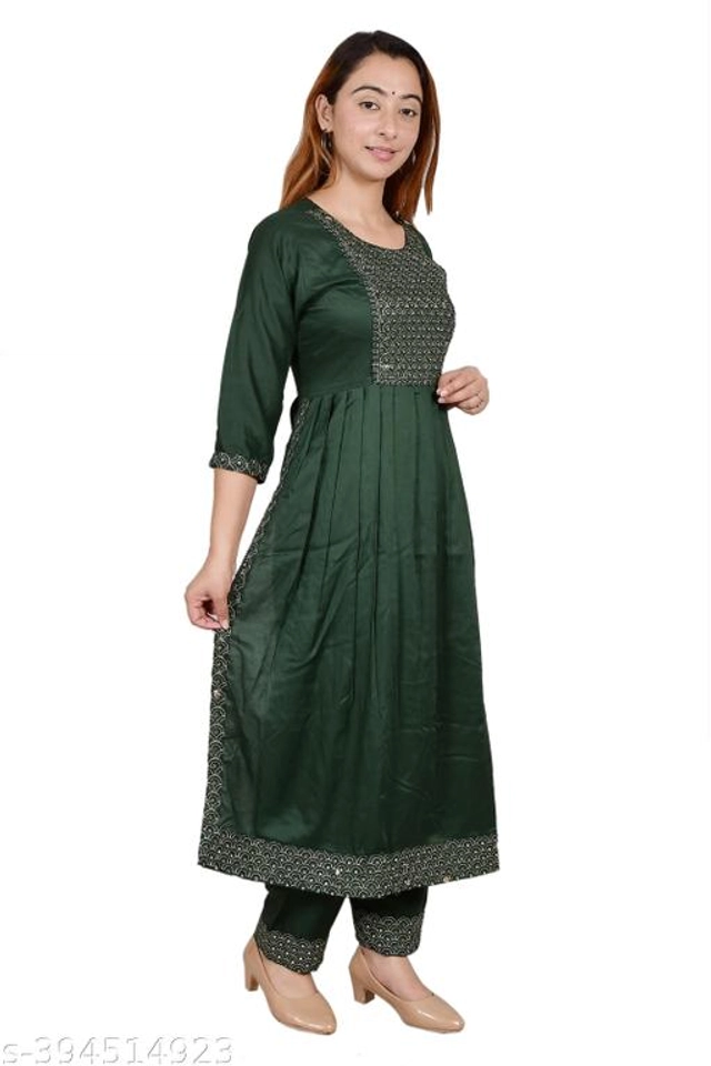 Rayon Embellished Kurti with Pant for Women (Olive, S)