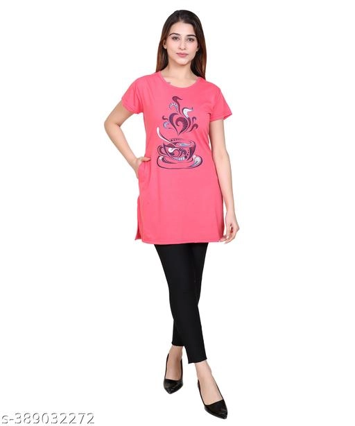 Round Neck Printed Long T-Shirt for Women (Pink, M)