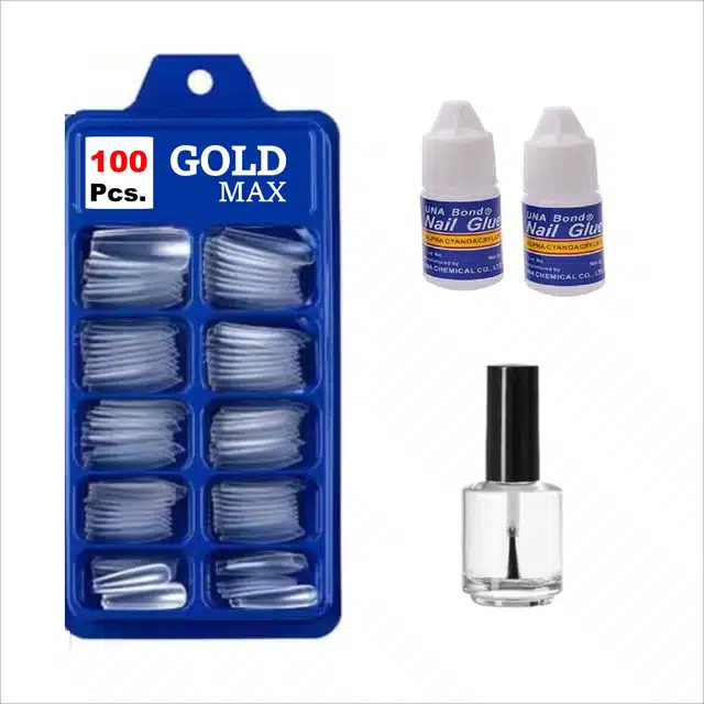 Artificial Nails (100 Pcs) with Glue (2 Pcs) & Nail Paint (Transparent, Combo of 3)