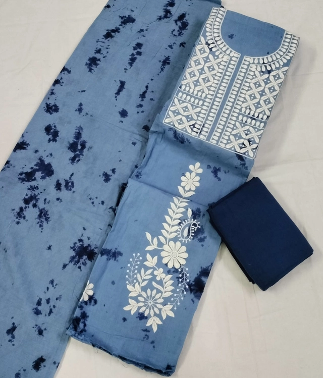 Cotton Tie-Dye Batik Unstitched Suit Fabric with Dupatta for Women (Blue, 2.25 m)