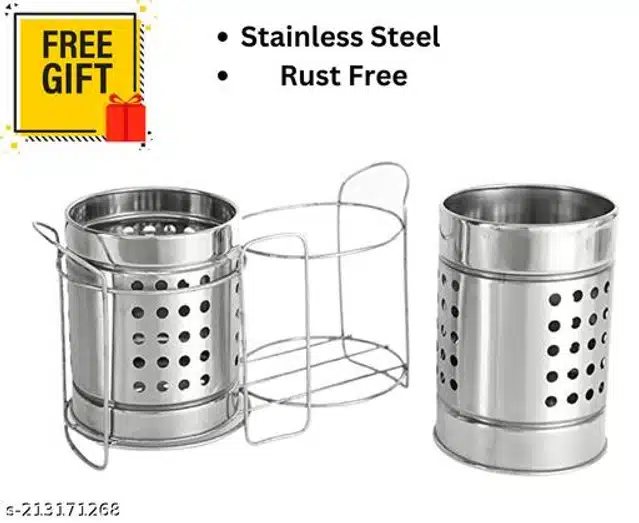 Stainless Steel Twin Cutlery Rack with Oil Container Pot & Oil Brush (Blue & Silver, Set of 3)