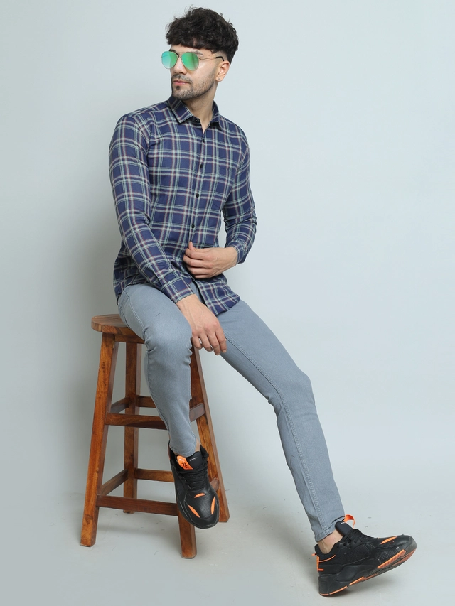 Full Sleeves Checked Shirt for Men (Blue, M)