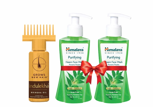 Combo of Indulekha Bringha Herbal Hair Oil (100 ml) & 2 Pcs Himalaya Neem Face Wash (200 ml) (Set of 3)