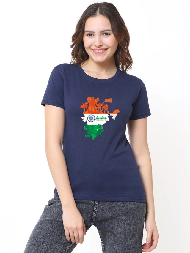 Cotton Round Neck Independence Day Printed T-Shirt for Women  (Navy Blue, S )