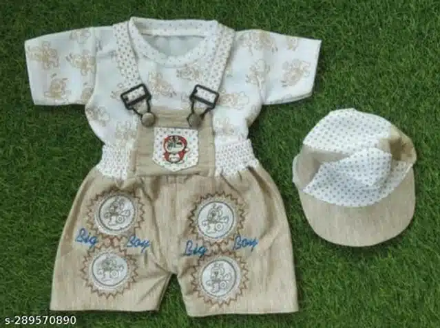 Dungaree Set with T-Shirt & Cap for Newborn Baby Boy (White & Brown, 0-3 Months)