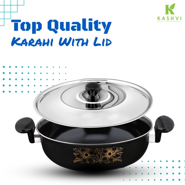 Cast Iron Kadai with Lid (Black & Silver, 28 cm)