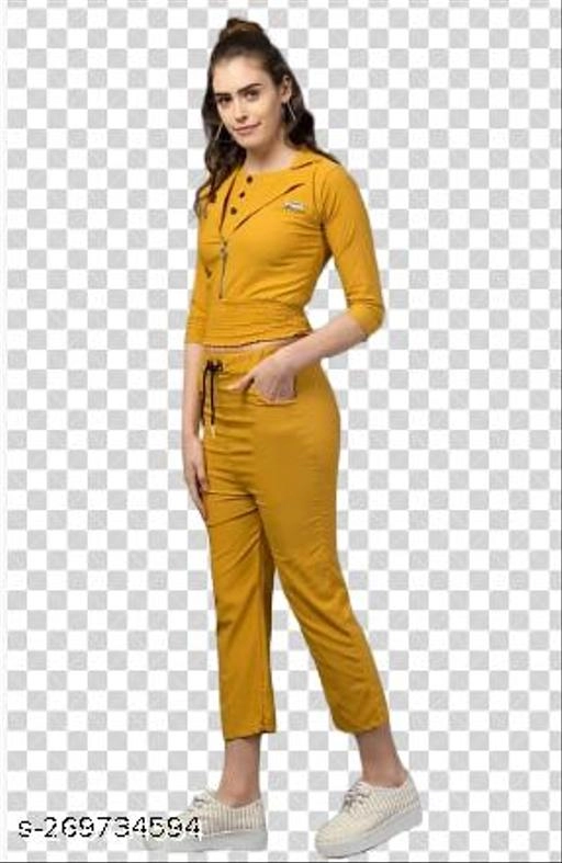 Cotton Blend Solid Top & Bottom Set for Women (Mustard, XL)