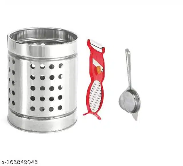 Stainless Steel Cutlery Rack with Peeler & Tea Strainer (Red & Silver, Set of 3)