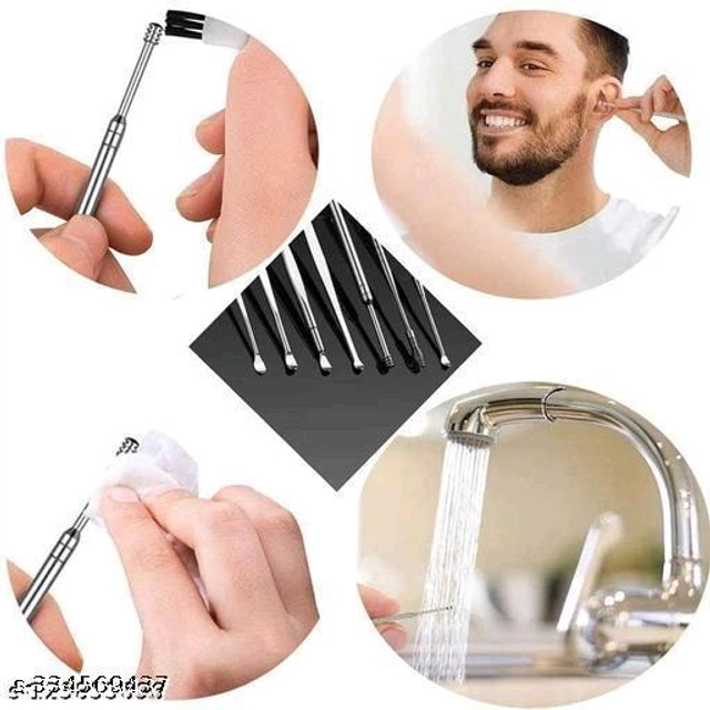 Stainless Steel 6 Pcs Ear Cleaning Set with 4 Pcs Blackhead Remover (Silver, Set of 2)