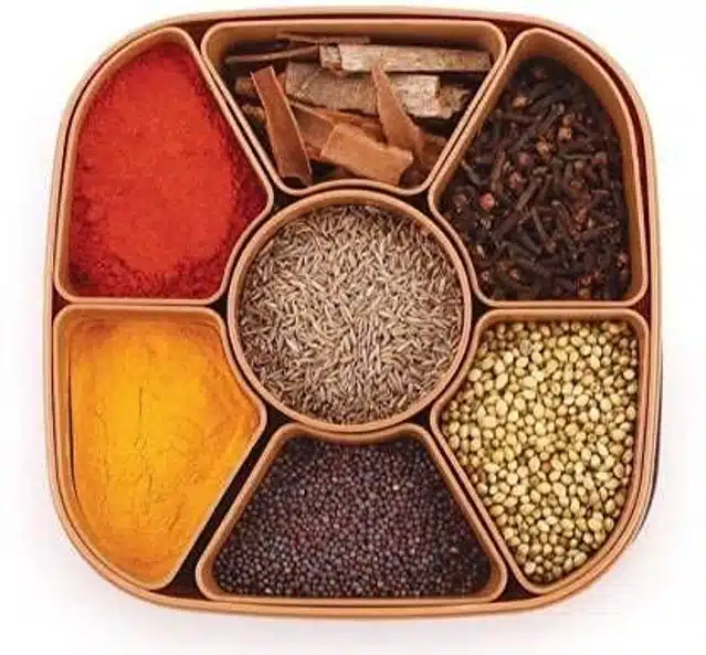 Multipurpose Square 7 Sections Masala Rangoli Dabba Box for Spices & Dry Fruits (Brown, Plastic)