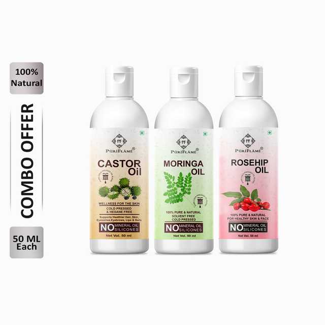 Puriflame Pure Castor Oil (50 ml), Moringa Oil (50 ml) & Rosehip Oil (50 ml) Combo for Rapid Hair Growth (Pack Of 3) (B-10002)