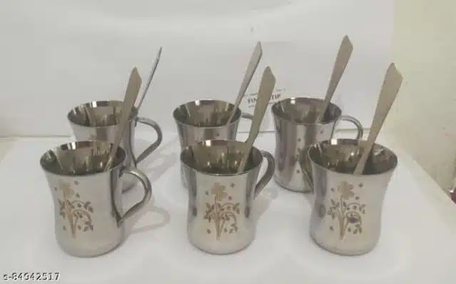 Stainless Steel 6 Pcs Cup with 6 Pcs Spoon (Silver, Set of 2)