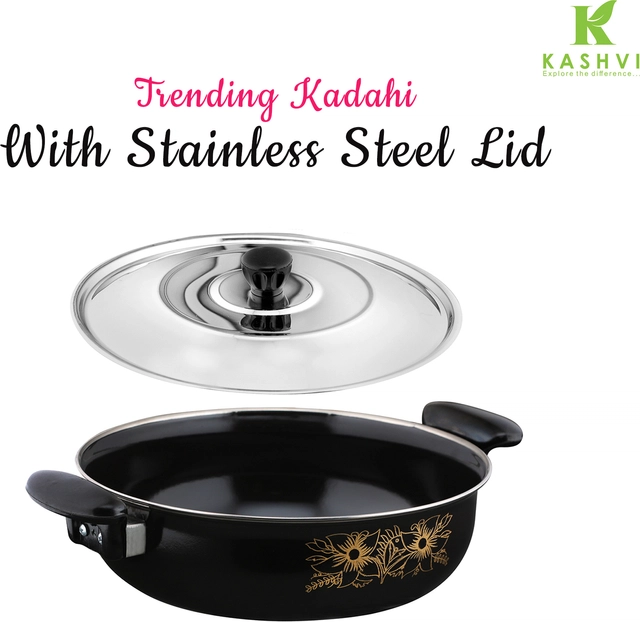 Cast Iron Kadai with Lid (Black & Silver, 28 cm)