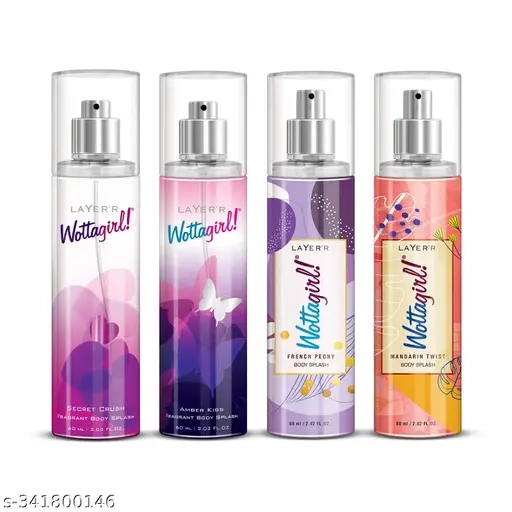 Combo of Layer'r Wottagirl Secret Crush, Amber Kiss, French Peony & Mandarin Twist Body Splash Perfume Spray for Women (60 ml, Set of 4)