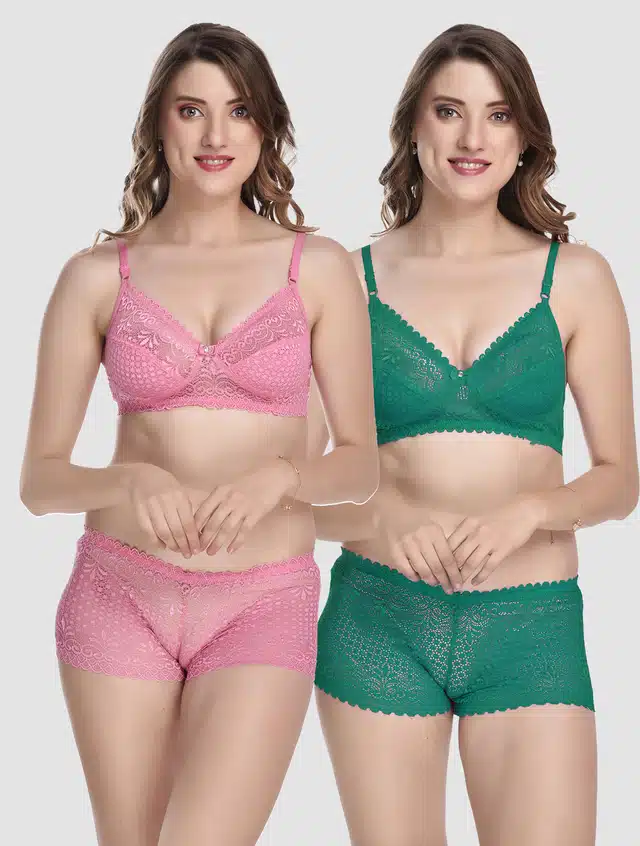 Women's Bra and Panty Set (Baby Pink & Green, 38) (Set of 2) (F-2272)