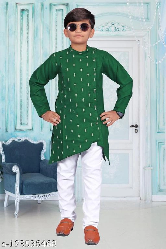 Cotton Blend Kurta Sets for Boys (2-3 Years, Green & White)