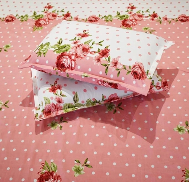 Polycotton Printed Double Size Bedsheet with 2 Pillow Covers (Pink & White, 90x100 inches)