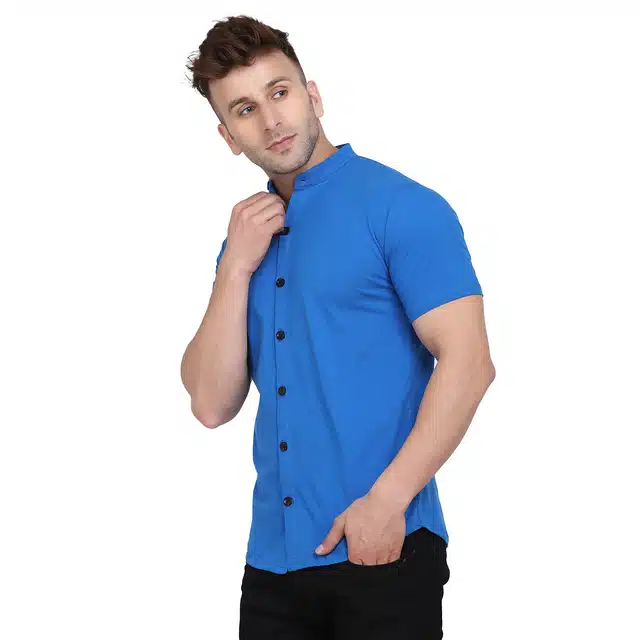 Men Solid Mandarin Collar Shirt (Blue, L) (RSC-252)