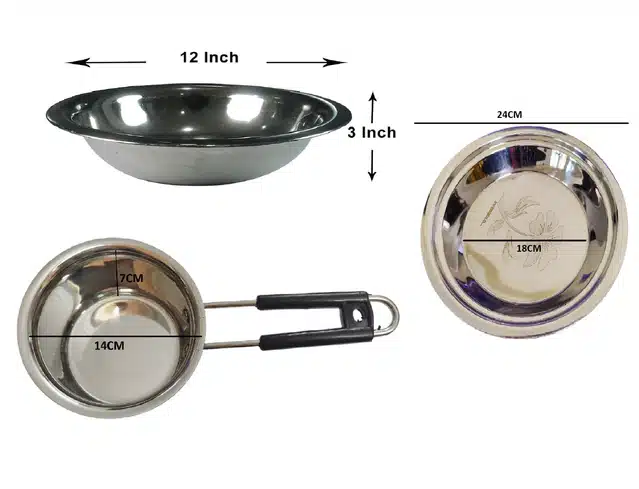 Aluminium Kadhai with Stainless Steel Saucepan, Basin & Parat (Silver, Set of 4)