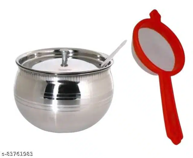 Stainless Steel Oil Container Pot Set with Tea Strainer (Red & Silver, Set of 2)