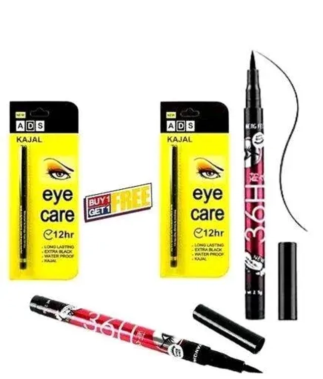 Ads 2 Pcs Kajal with 36h Eye Liner (Black, Set of 4)