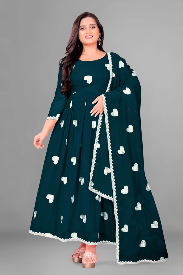 Georgette Ethnic Motif Gown with Dupatta for Women (Green & White, S)