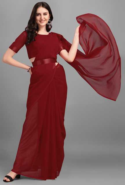 Bollywood Georgette Plain Saree With Unstitched Blouse (Maroon, 5.5 mtr) (EL-026)