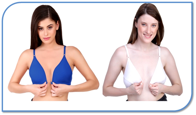 Cotton Solid Front Open Non-Padded Bra for Women (Blue & White, 30) (Pack of 2)