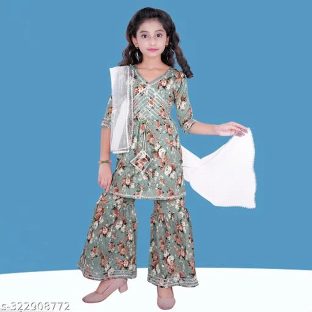 Dupion Silk Kurta Sets for Girls ( Green, 2-3 Years)