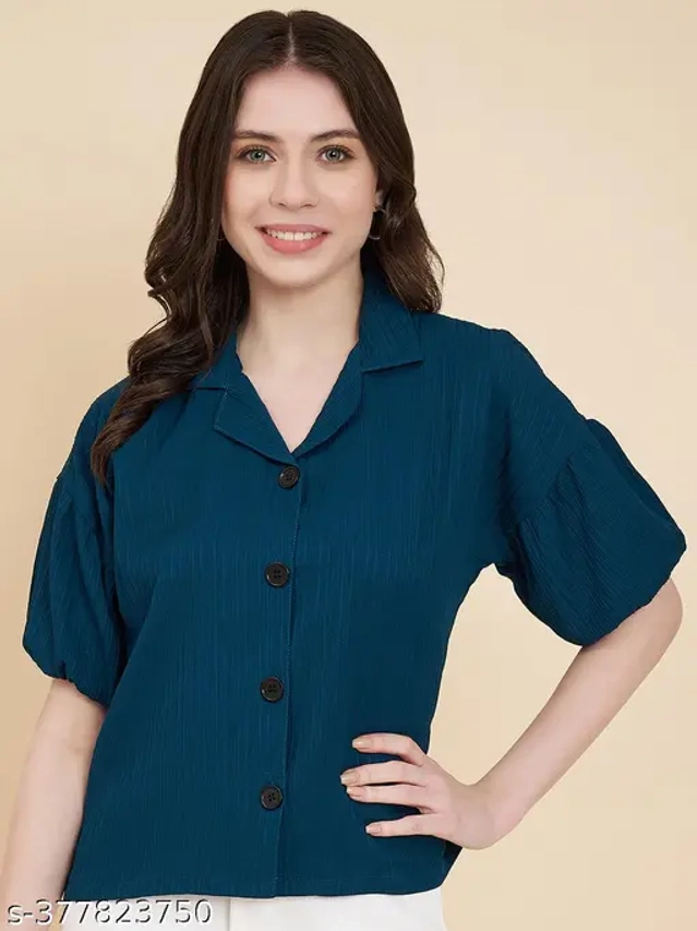 Cotton Blend Solid Shirt for Women (Navy Blue, S)