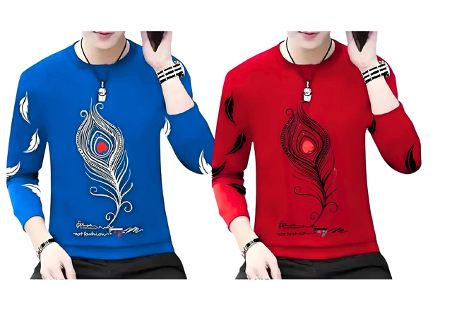 Round Neck Printed T-Shirts for Men (Red & Royal Blue, S) (Pack of 2)