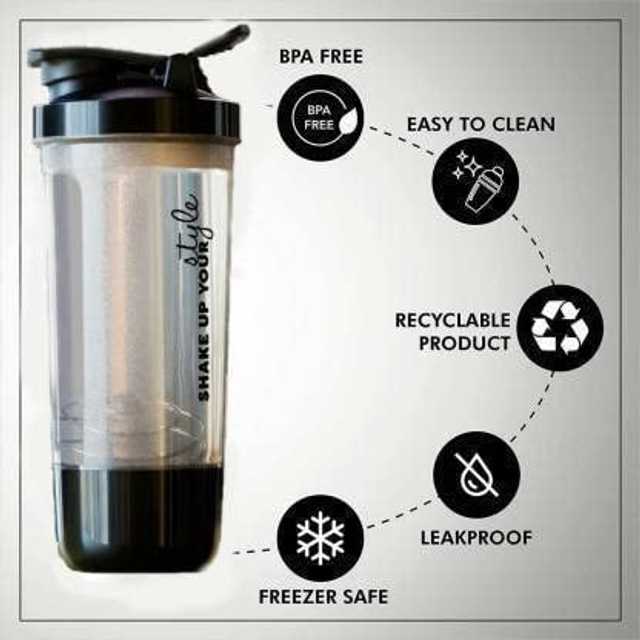 Leak Proof BPA Free Plastic Protein Shaker Bottle For Gym & Cycling (Black, 600 ml) (MSE-1)