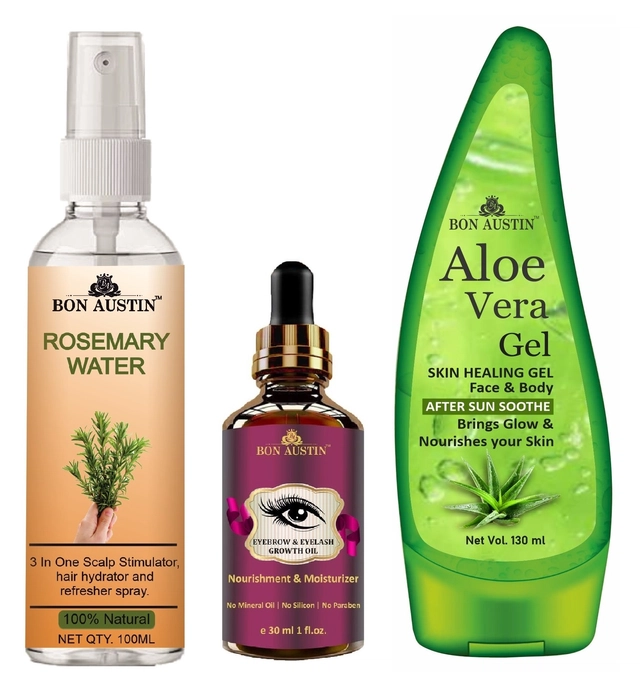 Bon Austin Natural Rosemary Water (100 ml) with Eyebrow And Eyelash Growth Oil (30 ml) & Aloe Vera Face Gel (30 ml) (Set of 3)