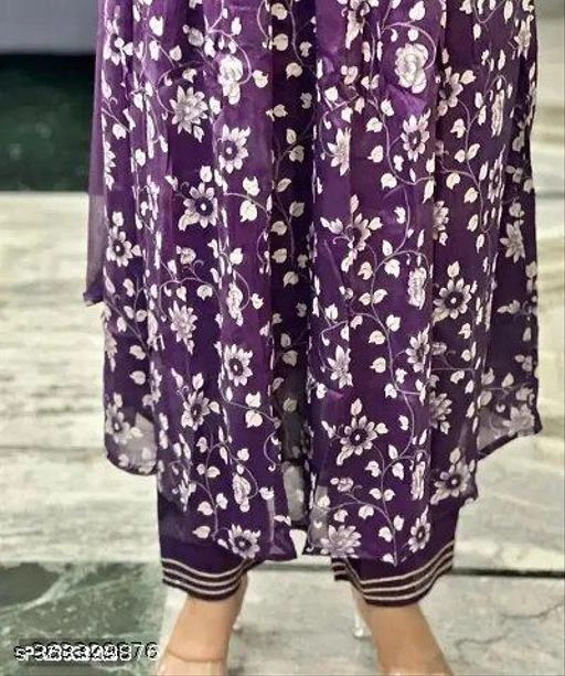 Organza Printed Kurti with Pant & Dupatta for Women (Purple, M)