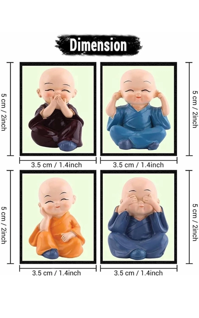 Miniature Buddha Monk Statues for Home Decor and Gifts Set of 4 (Small, Multicolour)