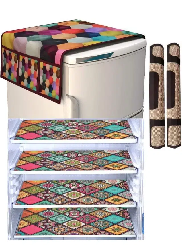 Knit Printed Fridge 4 Pcs Mat with 2 Pcs Handle & Top Cover (Multicolor, Set of 1)