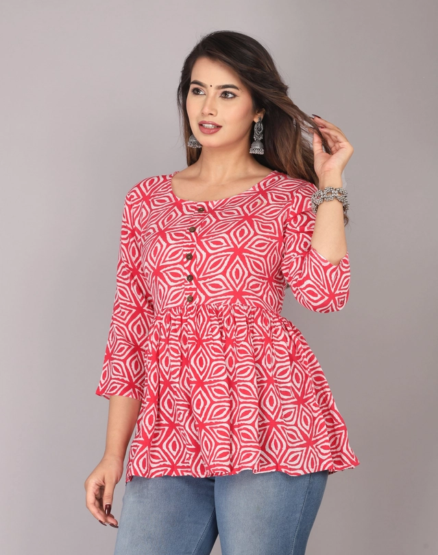 Viscose Rayon Printed Short Kurti for Women (Red, XS)