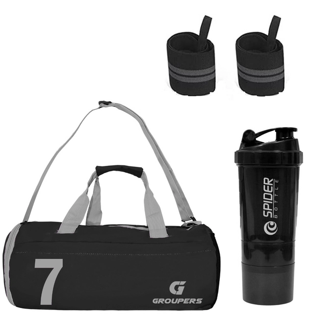 Polyester Printed Gym Bag with 2 Pcs Wristband & Shaker Bottle (500 ml) for Men & Women (Black, Set of 1)