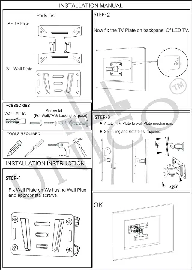 Unico Universal Adjustable Wall Mount Stand for 14 to 26 Inch LCD & LED TV (Black)