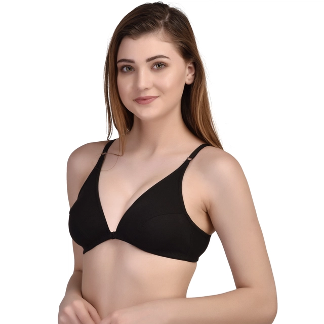 Cotton Solid Front Open Non-Padded Bra for Women (Black & Beige, 30) (Pack of 2)