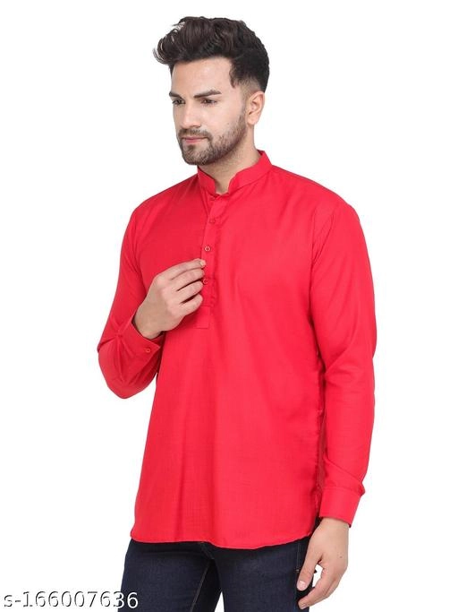 Cotton Blend Solid Short Kurta for Men (Red, S)