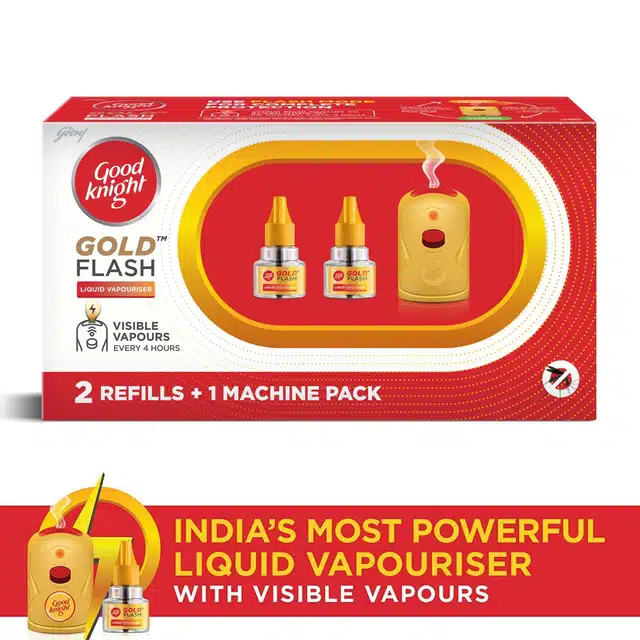 Good Knight Gold Flash Liquid Vapourizer - Mosquito Repellent Combo Pack - Machine + 2 Refills (45 ml Each)