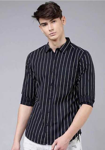 Casual Men's Striped Shirt (Black, M) (DC-1)