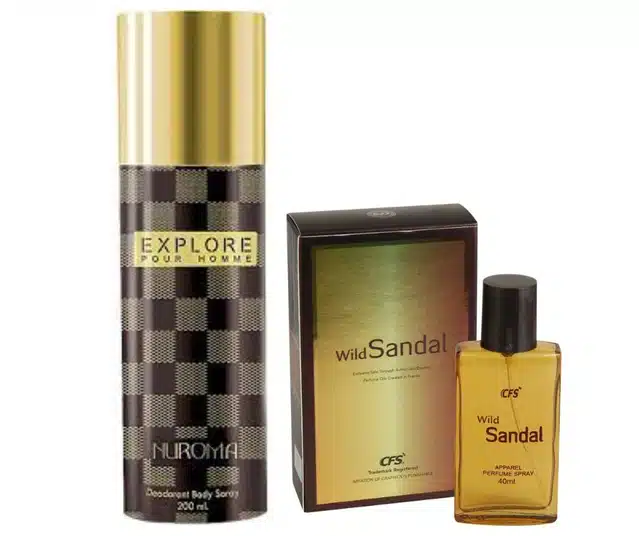 CFS Wild Sandal Perfume (40 ml) with Explore Pour Homme Nuroma Deodorant (200 ml) for Men & Women (Set of 2)