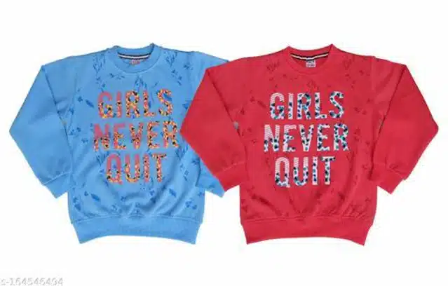 Fleece Printed Full Sleeves Round Neck Sweatshirts for Girls (Blue & Coral, 3-4 Years) (Pack of 2)